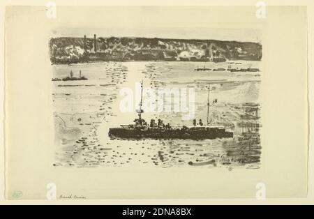 French Cruiser, Childe Hassam, American, 1859–1935, Lithograph auf Papier, EIN Marineschiff ist im Hudson River zu sehen, mit der Uferlinie von New Jersey in der Ferne., USA, 10. Mai 1918, Seascapes, Print Stockfoto