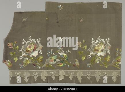 Textil, Medium: Seide Technik: Satinstich Stickerei und Applikation, Stickerei im Design von blühenden Rosensprays mit Insekten in Satinstich gearbeitet. Rand von Rollen und Blättern in Spitzenstichen und Applikationen gearbeitet., Frankreich, Anfang des 19. Jahrhunderts, Stickerei & Nähen, Textil Stockfoto