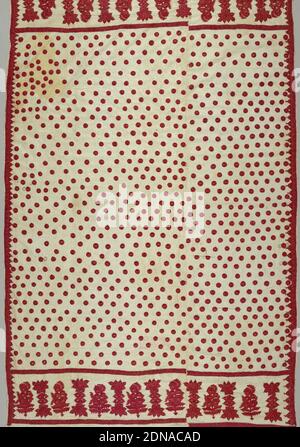 Panel, Medium: silk embroidery on cotton foundation Technique: embroidered in chain, cretan, and buttonhole stitches on plain weave, Rectangular panel with deep border at each end with tall flowering sprays; field of coin dots. Embroidered in brilliant red silk floss on undyed cotton., India, late 19th century, embroidery & stitching, Panel Stock Photo