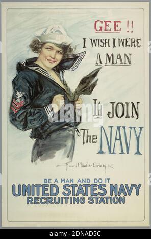 Gee I Wish I Were A man, I'd Join the Navy, Howard Chandler Christy, American, 1872 - 1952, Lithograph auf Papier, auf weißem Hintergrund links ist eine junge Frau, die eine Matrosenuniform trägt. Sie lächelt und greift nach ihrem Hemd, während ein Windstoß von hinten weht. Rechts steht der Text: 'Gee!! Ich wünschte, ich wäre EIN Mann/ich würde der Marine beitreten'. Unten in der Mitte: ' Be a man and Do IT/ United statement Navy Recruiting Station'., USA, nach 1917, Grafikdesign, Poster, Poster Stockfoto