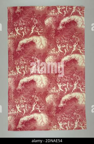 Textil, Medium: Baumwolle Technik: Rollerdruck auf Leinwandbindung, geflügelte Cherubs, Federn und Blumen in rot und rosa., Elsass, Frankreich, ca. 1850, bedruckte, gefärbte & bemalte Textilien, Textil Stockfoto