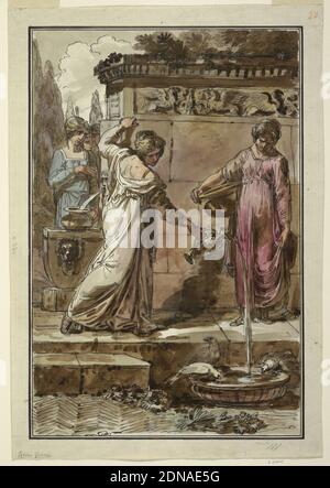 Fünf Frauen an einem Brunnen, Felice Giani, Italienisch, 1758–1823, Italien, 1810–25, Zeichnung Stockfoto