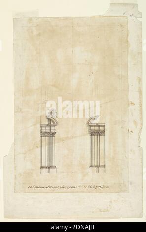 Entwurf für Altar in Santo Spirito dei Napolitani (Heiliger Geist der Neapolitaner), Rom, Italien, Stift und braune Tinte, Pinsel und Grauwäsche, Graphit auf cremefarbenem Papier, niedergelegt, Darstellung von Santo Spirito dei Napolitani (Heiliger Geist der Neapolitaner) in Rom, Italien. Die Zeichnung zeigt einen Teil des Kirchenaltars, einschließlich einer Reihe korinthischer Säulen links und rechts. Eine Struktur in Form eines Viertelkreises erscheint über jedem Satz von Spalten, mit einem Cherub auf der linken Seite. Ein leicht gezeichneter Bogen, durchsetzt mit Paaren von Cherubim in der Mitte und rechts Stockfoto