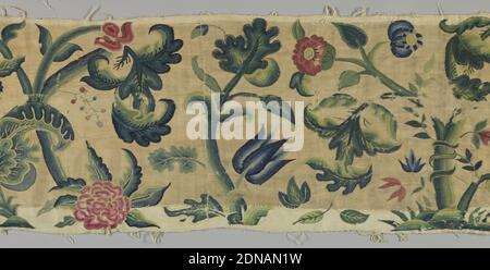 Textil, Medium: Leinen, Wolltechnik: Crewellstickerei auf Leinwandbindung, Crewellstickerei mit fantastischem Laub und Blumen in blau, grün und rot auf Elfenbeingrund., England, 18. Jahrhundert, Stickerei & Stitching, Textil Stockfoto