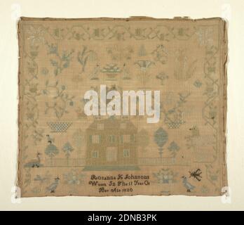 Sampler, Rosanna K. Johnsons, amerikanisch, Medium: Seidenstick auf Baumwollfundament Technik: Gestickt in gezählten Kreuzstichen auf Leinwandfundament, EIN sehr stilisierter Erdbeerweinrand an drei Seiten umschließt verstreute Motive und ein Haus. Signiert: Rosanna K. Johnsons Arbeit im 11. Lebensjahr 1820, Pennsylvania, USA, 1820, Stickereien & Stitching, Sampler Stockfoto
