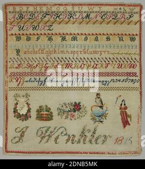 Sampler, J. Winkler, Medium: Wollstickerei mit Metallperlen auf Baumwolle und Seide Fundamenttechnik: Gestickt auf Leinwandfundament, Alphabete oben, Motive unten., Deutschland, 1845, Stickereien & Stitching, Sampler Stockfoto