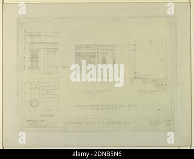 Änderungen an 14 15 16 Washington Square North, Skizze Nr. 24, Graphit auf cremefarbenem Papier an Bord montiert, Zeichnung zeigt mehrere Entwürfe, für die Änderungen von zwei Gebäuden, einschließlich einer Veranda, Balkon, Eisenzaun, und 2. Stock Fenster, und 1. Stock Türmen. Es gibt überall Messungen. LINKS: HÖHE DER VERANDA / SKALA ¾“ = 1’-0“; MITTE: HÖHE DES BALKONS #15 / SKALA 1 ½ - 1’-0“; RECHTS: ABSCHNITT DES BALKONS; LINKS UNTEN: DETAILS DER VERANDA & BALKON MIT EISEN / #15 WASHINGTON SQ. NORTH, New York, New York, USA, 20. März 1922, Architektur, Zeichnung Stockfoto