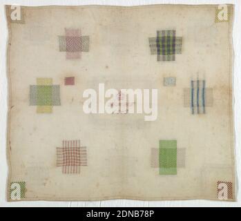 Verzierungsmuster, Medium: Seidenstickereien auf Baumwollbasis Technik: Gestickt in laufenden Stichen auf Leinwandfundament, elf Quadrate mit Verziermuster, eine Einstichecke, ein Einstichfleck in der Mitte mit gekrönten Initialen und Datum., 1843, Stickereien & Nähte, Verzierungsmuster Stockfoto