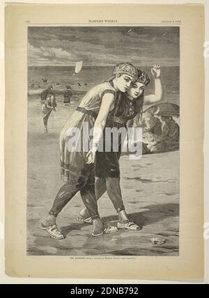 The Bathers, Winslow Homer, Amerikaner, 1836–1910, William H. Redding, Amerikaner, aktiv 1870er Jahre, Harper's Weekly, Holzstich in schwarzer Tinte auf Papier, zwei Frauen in Badeanzügen am Strand., USA, 1873, Figuren, Print Stockfoto