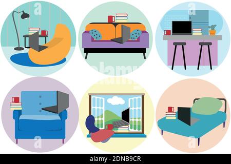 Arbeiten zu Hause, Arbeitsplätze in Quarantäne, freiberuflich arbeiten, Konzept ohne Menschen, Vektor-Flat-Illustration-Set. Stock Vektor