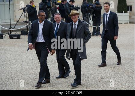 Didier Dinard, Assistant Coach und Joel Delplanque FFHB Präsident bei der Feier Handball Französisch Team Weltmeister Tittle 2015 im Palais de l'Elysee in Paris, Frankreich, am 3. Februar 2015. Foto Thierry Orban/ABACAPRESS.COM Stockfoto