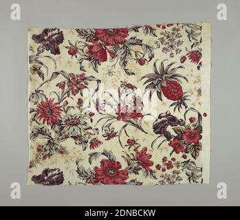 Textil, Medium: Baumwolle Technik: Reliefdruck, cremeweiße Baumwolle, Blockdruck im großformatigen naturalistischen Blumenmuster in all-over Clustern; Iris, Lilie, Amaryllis, Narzissen und Ananas. Schattierungen von rot, dunkelviolett, braun, blau; Reste von gelb, jetzt verblasst, zeigen sich in Abschnitten von Blättern, was auf die Kombination von gelb über blau für grün. Ein Hintergrunddruck von feinen kleinen Laub, in Schatteneffekt, hellbraun., Frankreich, 18. Jahrhundert, bedruckte, gefärbte & bemalte Textilien, Textil Stockfoto