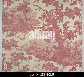 Textil, Medium: Baumwolltechnik: Bedruckt mit gravierter Platte auf Leinwandbindung, zeigt rote und weiße Toile eine Szene von Bäumen, Laub und Kindern. Ein großer Birnenbaum hat einen Jungen in den Ästen, der auf eine Gruppe von vier Jungen in einer Lichtung schießt. Zwei Jungen spielen auf einer Wippe. Unter dem Baum begleitet ein Junge, der auf einem Hund reitet, ein Mädchen auf einem von einem anderen Hund gezogenen Wagen. Große Ratte am Fuß des Baumes., England oder Frankreich, ca. 1784, bedruckte, gefärbte & bemalte Textilien, Textil Stockfoto
