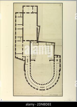 Wettbewerb Design für La Fenice, Venedig: Plan der oberen Etage des Theaters, Stift und schwarze Tinte, Pinsel und Grauwäsche, Aquarell, Graphit auf zwei Blätter von weißem Papier gelegt, in der Mitte verbunden, auf blauem Papier mit zusätzlichem Rand von blauem Papier gelegt, Plan der oberen Etage des Theaters mit hufeisenförmigen Abschnitt am unteren Bildrand., Venedig, Italien, 1788, Architektur, Zeichnung Stockfoto