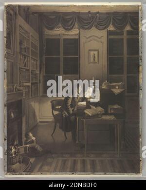 Interior with a man Reading at his Desk, A. L. Leroy, Charcoal Stupped, schwarz-weiße Kreide auf braunem, auf Pappe montiertem Papier, Diese große Kohlezeichnung zeigt einen Mann, der an seinem Schreibtisch sitzt und ein Dokument liest. Eine Tole-Lampe im Empire-Stil gibt ein helles Licht ab. Ein kleines Kind scheint Papier in den Kamin zu füttern; ein Teekocher ist darüber platziert. Weiße, gesäumte Farbtöne werden an die Spitze der Fenster gezogen, die mit einer getupften Volance an einem Pfosten gekleidet sind. Im Vordergrund ist eine Teilansicht eines gestreiften Teppichs zu sehen., 1827, Interieurs, Drawing Stockfoto