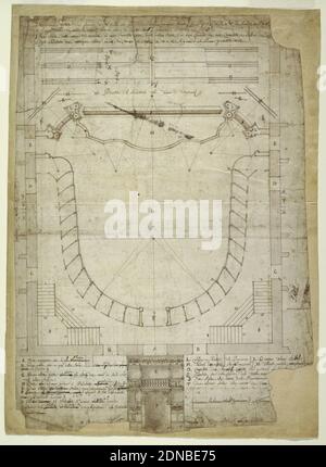 Theatro Filarmonico (Philharmonisches Theater) der Accademia Filarmonica (Philharmonische Akademie), Auditorium und Haupteingang Elevation, Verona, Italien, Jean-Joseph Chamant, Französisch, 1699–1768, Francesco Galli Bibiena, Italienisch, 1659–1739, Feder und braune Tinte, Pinsel und braune Wäsche, schwarze Kreide auf weißem Papier, gelegt, vertikales Rechteck. Ansicht eines Plans eines Auditoriums von oben. Abschnitte alphabetisch beschriftet und unten in italienischer Sprache in brauner Tinte beschrieben., Verona, Italien, 1715–20, Architektur, Zeichnung Stockfoto