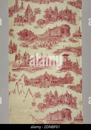 Textil, Medium: Baumwolle Technik: Graviert Rollendruck auf Leinwandbindung, neun Szenen der L'Exposition Universelle de 1878 in rot mit voller Stoffbreite., Frankreich, 1878, bedruckte, gefärbte & bemalte Textilien, Textil Stockfoto