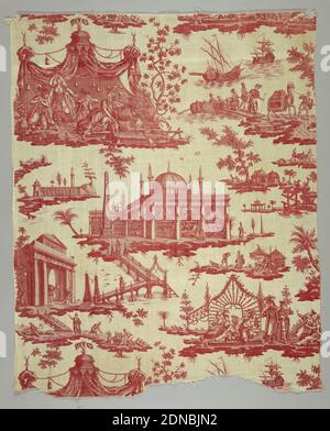 La foire du Caire (die Messe von Kairo), Medium: Baumwolle Technik: Gedruckt mit Kupferstich auf Leinwandbindung, großes Zelt mit exotischen Figuren, ein Einkaufsbasar und eine Straße über dem Wasser. In rot auf weiß., Nantes, Frankreich, 1785–90, bedruckte, gefärbte & bemalte Textilien, Textil, Textil Stockfoto