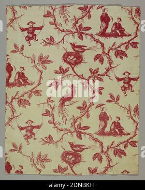 Textil, Medium: Baumwolle Technik: Roller Printed, Repeat Länge der weißen Baumwolle in rot mit einem späten Chinoiserie-Design mit chinesischen Stil Figuren zwischen Ästen und Laub gedruckt. Eine männliche Figur schwingt an einem Seil, das von Baumzweigen gebunden ist, während eine stehende weibliche Figur mit einem Sonnenschirm und einem Vogel in der Hand steht und auf eine männliche sitzende Figur herabschaut., England oder Frankreich, Anfang des 19. Jahrhunderts, bedruckte, gefärbte & bemalte Textilien, Textil Stockfoto