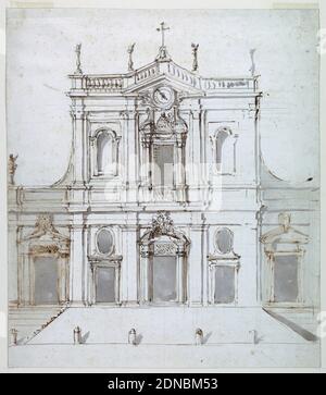 façade mit den Albani-Armen, Carlo Marchionni, italienisch, 1702–1786, Stift und braune Tinte, Pinsel und Grauwäsche, schwarze Kreide auf weißem Wove-Papier, vertikales Rechteck. Gebäude mit zwei Etagen, das untere mit fünf Divisionen und das obere mit drei. Treppen führen zur seitlichen linken Tür und parallel zur façade zu einer Rampe vor dem zentralen Teil. Rechts führen schräge Treppen gleichzeitig zur seitlichen Tür und zur Rampe. Die drei Türkästen werden von einem Wappen gekrönt, das links und in der Mitte als das der Albaner identifiziert wird. Die Tafeln befinden sich links über den Türrahmen und in der Mitte Stockfoto