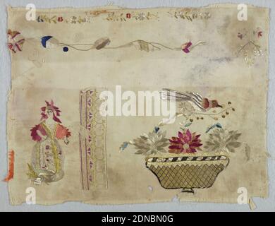 Sampler fragment, Medium: linen, silk Technique: embroidered, Fragment of a sampler embroidered in polychrome silk showing a basket with flowers and birds, and a standing woman. Geometric border pattern and floral sprays., Mexico, 19th century, embroidery & stitching, Sampler fragment Stockfoto