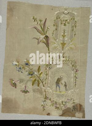 Textil, Medium: Seide auf Seide Technik: Bestickt auf Taft, Fragment von Seide bestickt mit Seide zeigt Design von Blättern, Blumen-Swags und Gitter bilden einen vertikalen Rahmen, der umschließt und Mann mit Hund. Große florale Blüten, nach links ausdehnen, in unbestickten Bereich., Frankreich, Mitte 18. Jahrhundert, Stickerei & Nähen, Textil Stockfoto