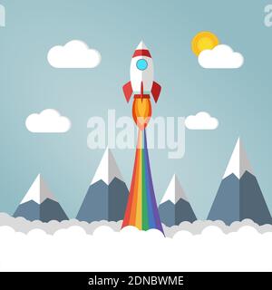 Raketenstarts in den Himmel fliegen über Reittiere und weißen flauschigen Wolken und emittiert Regenbogenfarbenen Rauch. Platz für Design oder Text kopieren Stock Vektor