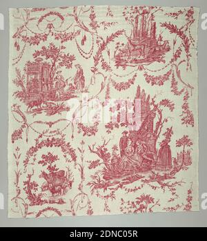 Textil, Medium: Baumwolle Technik: Gedruckt mit Kupferstich auf Leinwandbindung, Textil in rot auf weiß mit Landzenen und architektonischen Überresten. Die weiten Flächen zwischen Vignetten sind mit Girlanden und Girlanden gefüllt., Nantes, Frankreich, ca. 1791, bedruckte, gefärbte & bemalte Textilien, Textil Stockfoto