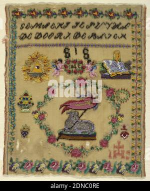 Sampler, Medium: Glasperlen, Wollgrundierung Technik: Perlenarbeiten auf Leinwandbindung, Rand aus vier Blumenmustern um eine Inschrift auf Niederländisch (?) Mit freistehenden Motiven. Überwiegend religiös im Charakter., Niederlande, 1842, Stickereien & Nähte, Sampler Stockfoto