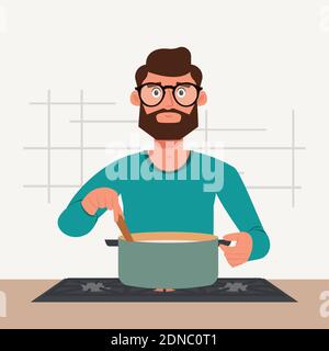 Mann kocht. Hygge Konzept - Vektor Illustration Design Stock Vektor