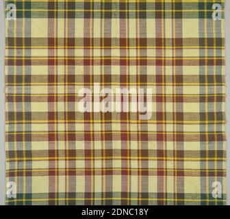 Textile, Medium: cotton Technique: plain weave, Large check gingham in red, yellow, brown and green., USA, late 19th century, woven textiles, Textile Stock Photo