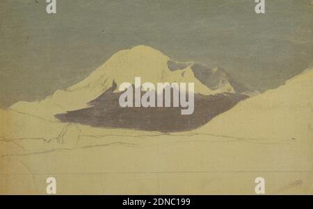 Mount Chimborazo, Ecuador, Frederic Edwin Church, American, 1826–1900, Pinsel und Öl, Graphit auf braunem Papier ?, Horizontale Ansicht des Berges mit dem Himmel und einigen Teilen des Gipfels in einem fertigeren Zustand, während der Rest nur auf einer cremigen Grundfarbe skizziert ist., Juli 1857, Landschaften, Zeichnung Stockfoto