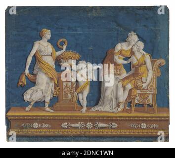 Firescreen, Block printed on handmade paper, Four figures upon plinth. The figures are printed in grisaille with golden robes. A tall female figure and Cupid lean against a pedestal on the left side. The figure on the far right is seated in a classic chair, while the last figure bends down to him. Printed on a deep blue ground. Mounted on a wood stretcher., France, ca. 1810, Wallcoverings, Firescreen Stock Photo