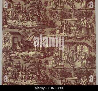 Hochzeitsszenen, Delmes, Delmes, Favre Petitpierre, (Frankreich, 1802–1818), Medium: Baumwolle Technik: Gedruckt mit gravierter Walze auf Leinwandbindung, vier Hochzeitsszenen: Nach der Hand der Frau fragen, die Hochzeit in der Kirche, die Prozession beim Verlassen der Kirche, das Hochzeitsfest. In braun auf weiß., Nantes, Frankreich, ca. 1815, bedruckte, gefärbte & bemalte Textilien, Textilien, Textilien Stockfoto