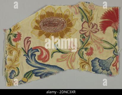 Textil, Medium: Wolle; Leinen Technik: Crewel Wolle Stickerei auf Leinwandbindung, Wolle Leinwandbindung, bestickt in großen Maßstab polychromen floralen Design. Kette, Stiel, Satin, Knoten Stiche., England, 18. Jahrhundert, Stickerei & Stitching, Textil Stockfoto