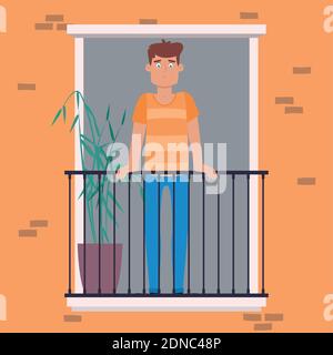 Mann im Balkon Hygge Stil Design ilustration - Vektor Stock Vektor