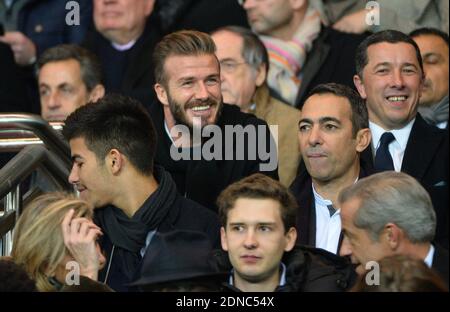 Nicolas Sarkozy, David Beckham, Youri Djorkaeff attending the UEFA champions League fourth round soccer match, Paris Saint-Germain Vs Chelsea FC at Parc des Princes stadium in Paris, France on February 17, 2015. Photo by Christian Liewig/ABACAPRESS.COM Stock Photo