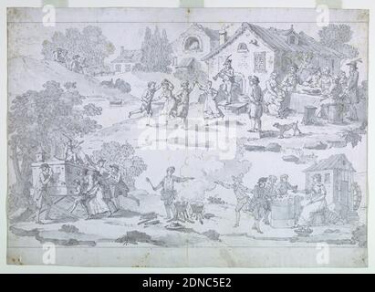 Karikatur für Baumwolldruck: Das Landfest [La Fête Champêtre], Petitpierre & Compe., (Nantes, Frankreich, gegründet 1770, Stift und Tinte mit grauem Wasch auf weißem Papier, die Szenen zeigen Kinder, die an der Kreisunterhaltung teilnehmen: An der Spitze tanzt eine Gruppe zu einem Pfeifer, während Erwachsene an einem Tisch in der Nähe Erfrischungen genießen. Unten links sehen Kinder und Erwachsene eine Peep-Show; in der Mitte ein Kastanienhändler; und rechts spielen Jugendliche ein Uhrspiel, an dem eine Frau in der Nähe einer kleinen Mühle teilnimmt., Nantes, Frankreich, ca. 1805, Textildesigns, Zeichnung Stockfoto