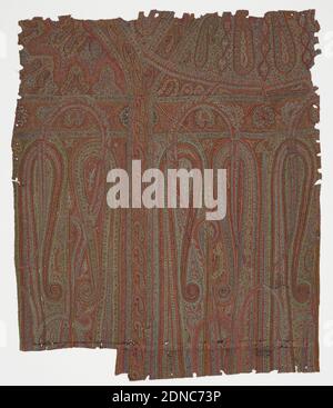 Tuch Fragment, Medium: Wolle Technik: Bestickt auf Twill WebLabel: Wolle Stickerei auf Wolle 2/2 Twill Webart, Shawl Fragment bestickt in mehrfarbiger Wolle, in Abschnitte unterteilt, und gefüllt mit länglichen Paisley-Motiven., Indien, Mitte des 19. Jahrhunderts, Stickerei & Stitching, Shawl Fragment Stockfoto