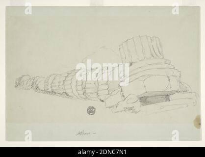 Gefallene Säule des Tempels des olympischen Zeus, Athen, Frederic Edwin Church, American, 1826–1900, Graphit auf grün-grauem Papier, die Trommeln einer gefallenen geriffelten korinthischen Säule, der untere Teil liegt schräg. Im Hintergrund ist ein Hügel zu sehen., USA, April 1869, Architektur, Zeichnung Stockfoto