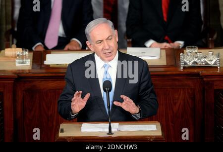 Der israelische Ministerpräsident Benjamin Netanjahu spricht zu einer gemeinsamen Sitzung des US-Kongresses im Kapitol am 3. März 2015 in Washington, DC, USA. Foto von Olivier Douliery/ABACAPRESS.COM Stockfoto