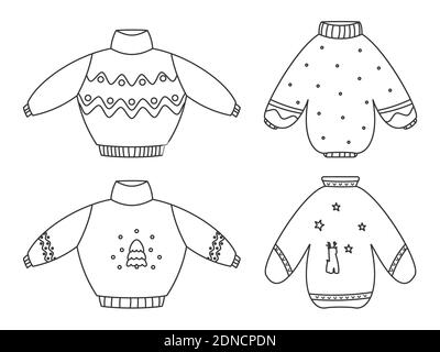 Niedliche hässliche Weihnachtspullover linear schwarz Set. Gestrickte Winterkleidung. Pullover mit Ornament und Hirsch. Traditioneller Weihnachtspullover, lustige Weihnachtsdrucke. Hygge Zeit. Isoliert auf weißer Vektorgrafik Stock Vektor
