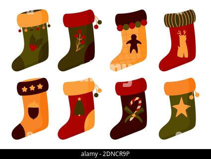 Set mit flachen Weihnachtssocken. Weihnachtsstiefel mit Tannenbaum, Stern. Traditionelle Retro Weihnachtsstrumpf für Geschenke. Accessoires für Wintergeschenke. Heimtextilien Stock Vektor