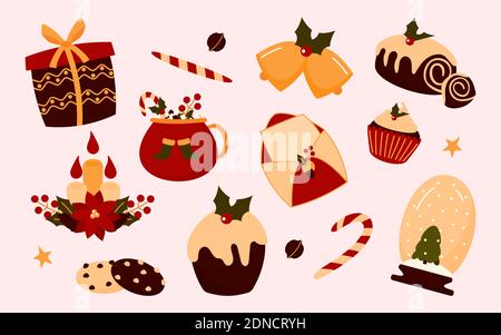 Sammlung von Weihnachtselementen im Cartoon-Stil. Neujahr Schneekugel, Glocken, Geschenk, Tasse und Cupcakes. Traditionelle Feier Zubehör, Konzept Winter Weihnachten Urlaub. Isolierte Vektordarstellung Stock Vektor