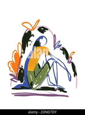 Langweilige Mädchen sitzen auf Gras. Abstrakte Kunst trendige Farbe und Stil. Moderne minimalistische Kunst. Kunst für Print und Poster Stockfoto