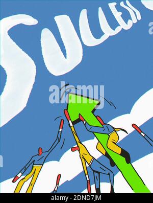 Erfolg mit großen grünen Pfeil und Geschäftsmann in den Himmel mit Erwähnung Erfolg in Wolke Illustration blau. Stockfoto