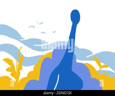 Frau allein in ruhiger Natur suchen rund. Gelassenheit Landschaft und Vogel sehr minimalistische Illustration. Abstrakte Malerei Form und Ausschnitt. Stockfoto