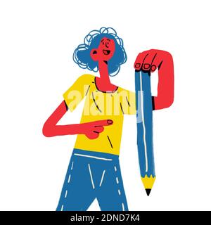 Lächelndes Mädchen zeigen und halten Riesen Bleistift. Lustige Karikatur Cliparts. Sign-in-Konzept isoliert auf weiß. Zeichnen mit Primärfarbe. Stockfoto