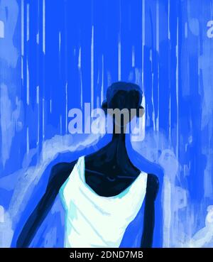 Schwarzer Mann Silhouette unter regen auf blau. Kunstillustration für Print und Poster Stockfoto