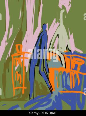 Zwei Personen im Park mit grünem abstrakten Garten und orange Form. Expressionismus Kunst Moderne Malerei für Plakat und Druck. Raoul Dufy Style. Stockfoto